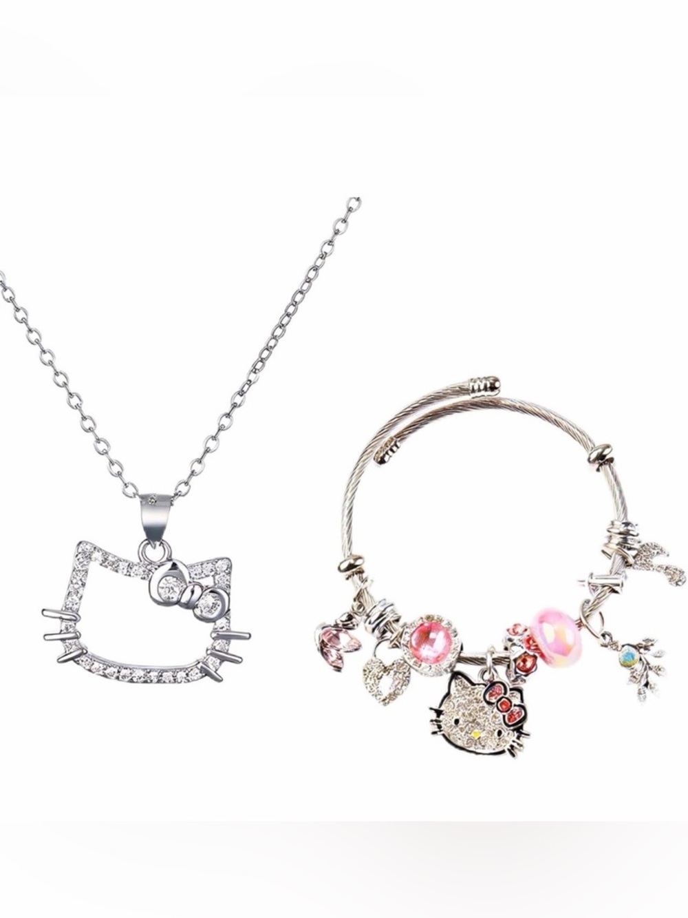 Hello Kitty Inspired Necklace & Charm Bracelet Jewelry Set Silver Tone Pink